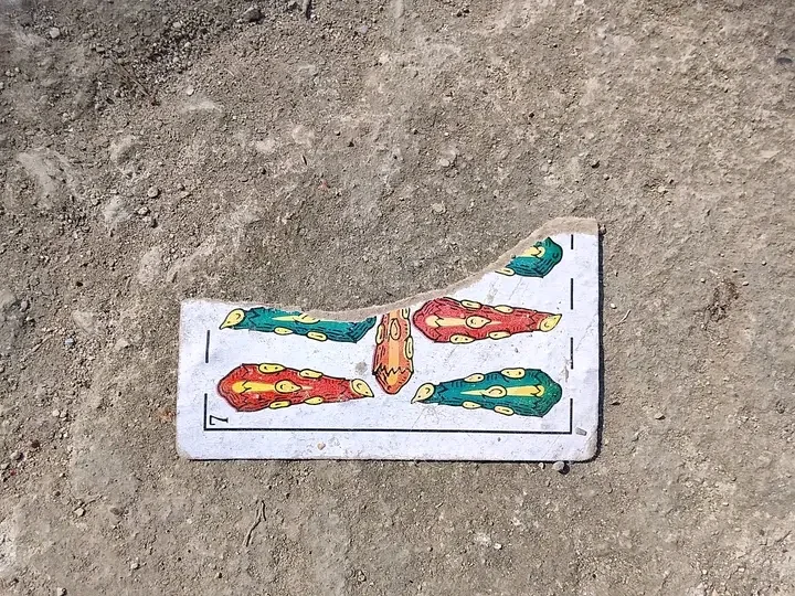 A seven of clubs from a Spanish deck, torn in half and lying on the ground