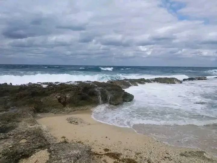 Waves breaking on the rocks of the coast, under a cloudy sky