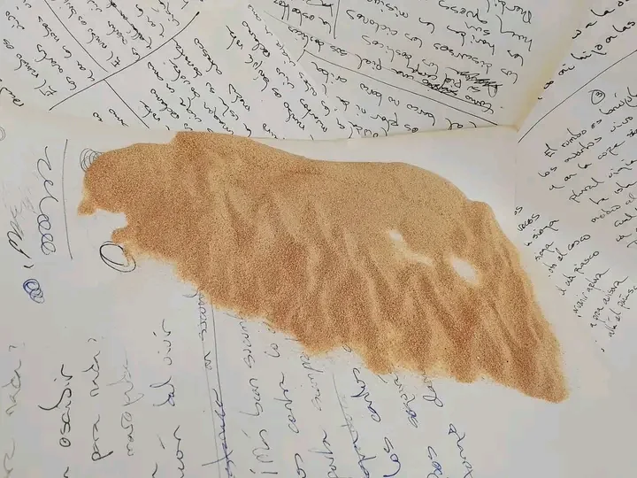 A trail of sand across the handwritten pages of an open notebook