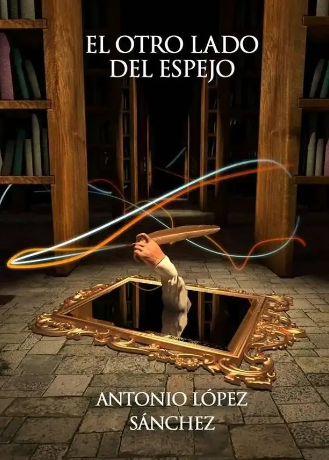 Cubierta de El otro lado del espejo: una mano con una pluma emerge de un espejo de marco dorado tendido en el suelo de una biblioteca