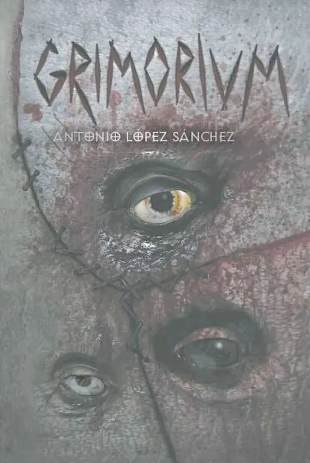 Cubierta de Grimorium: un libro de piel cosida del que se abren tres ojos