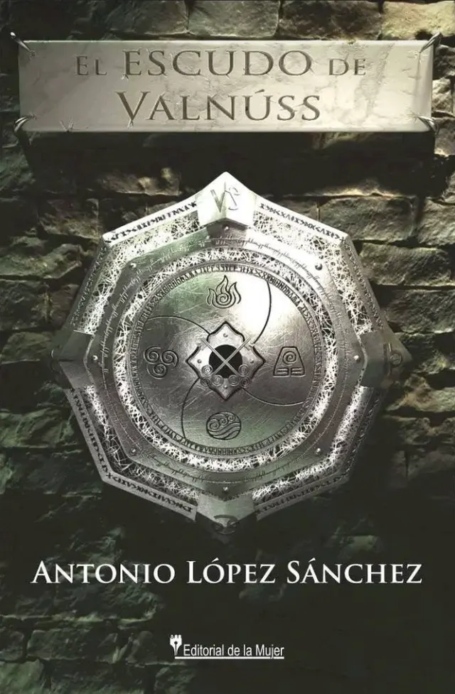 Cubierta de El Escudo de Valnúss: escudo rúnico de metal sobre un muro de piedra